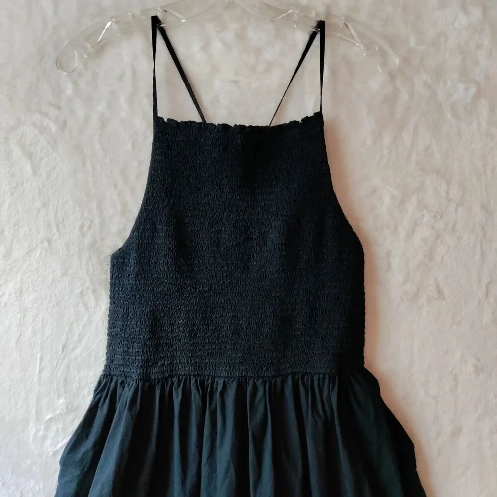 J. Crew Friday dress In Cotton Poplin Smocked Black Open Back Pockets Sz L